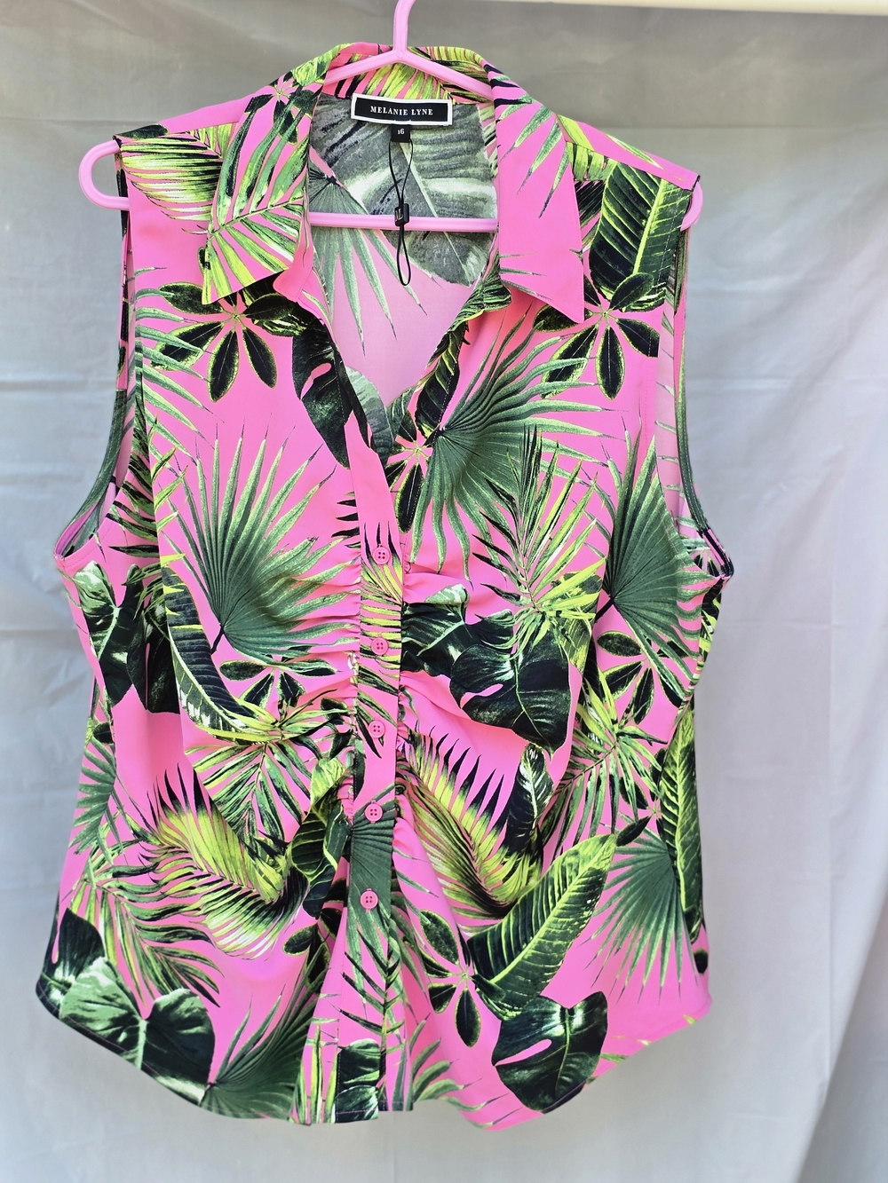 Melanie Lyne Pink Tropical Print Sleeveless Button-Up Blouse